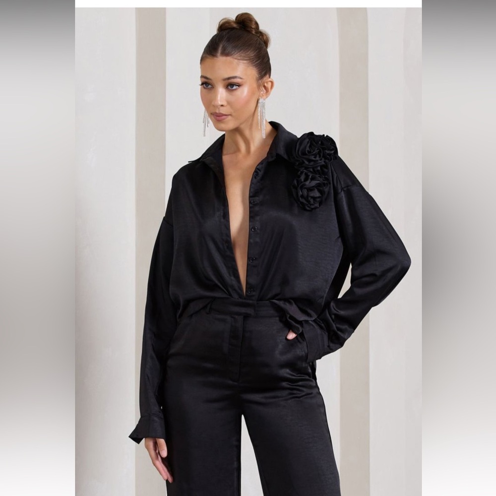 Club L London Black Satin Top and Pants Set
